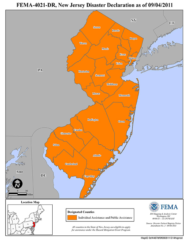 Counties affected by Hurricane Irene