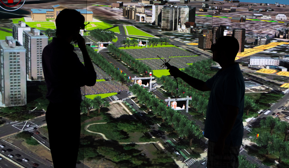 Team members at Rowan University using VR technology to analyze an area on a New Jersey map